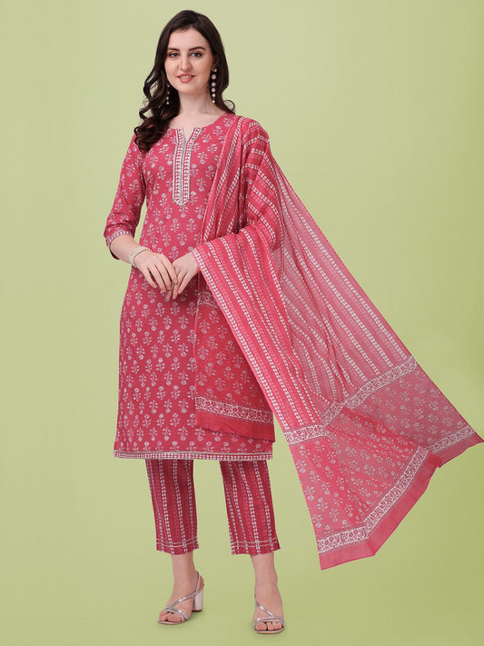 Dhiyona KL Floral Printed Gotta Patti Pure Cotton Kurta With Trousers & Dupatta