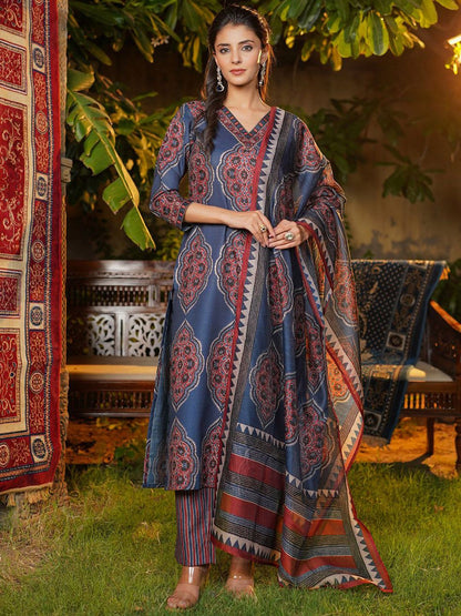Dhiyona KL Floral Printed V-Neck Straight Kurta With Trousers & Dupatta