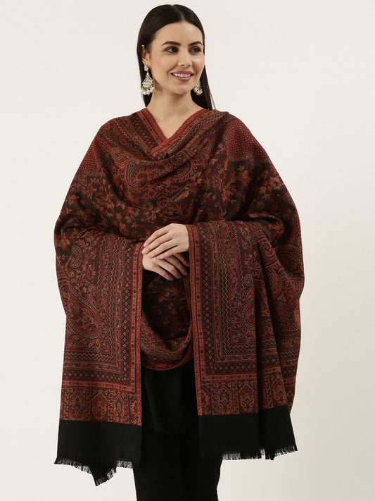 Dhiyona PA Women Black & Brown Woven Design Wool Jamawar Shawl