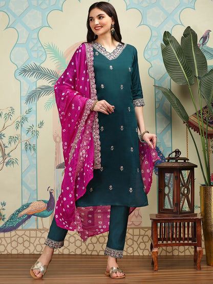 Dhiyona IS Women's Green Embroidered Regular Sequinned Straight Kurta With Trousers & Duppatta
