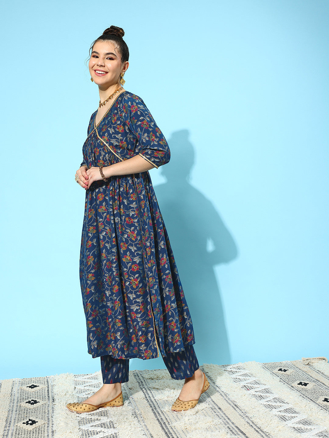 Floral Printed High Slit Gotta Patti Kurta with Trousers & Dupatta