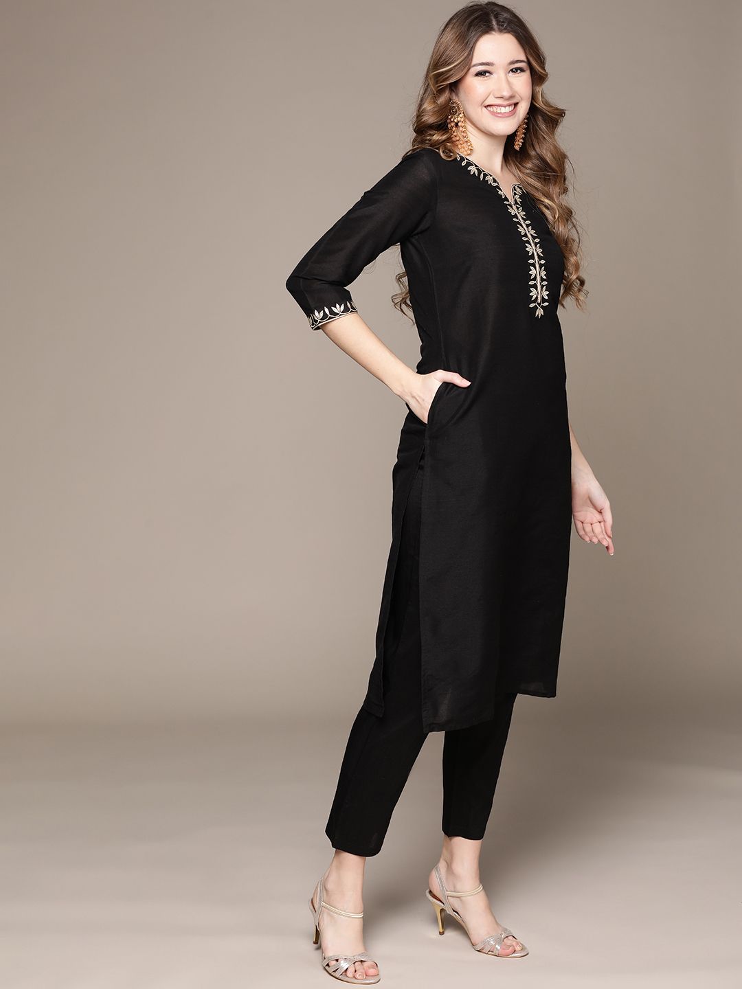 Dhiyona IS Women's Women Black Ethnic Motifs Embroidered Kurta with Trousers
