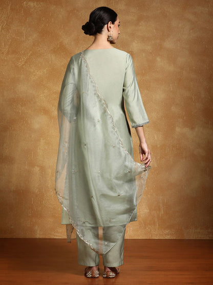 Dhiyona VA Women'sFloral Yoke Design Sequinned Straight Kurta With Trousers And Dupatta