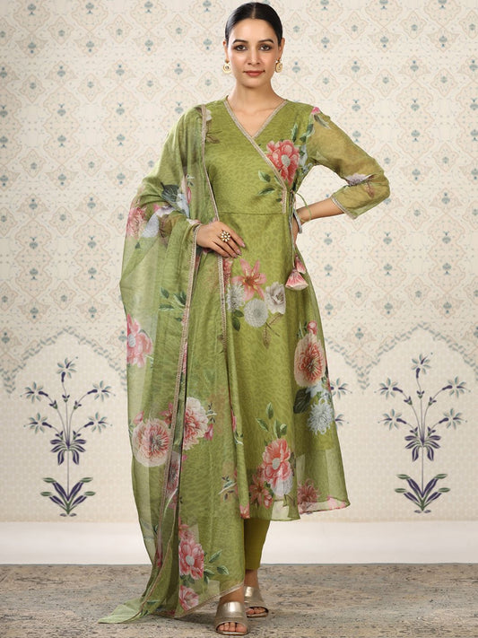 Dhiyona OD  Floral Printed Angrakha Kurta With Trousers & Dupatta