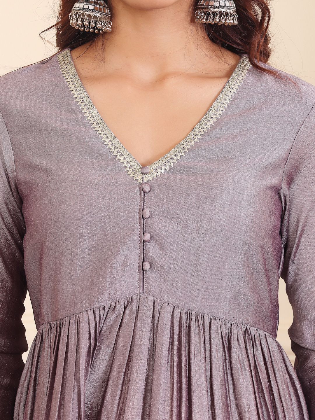 Dhiyona VA Women'sV-Neck Gotta Patti Long Sleeves A-Line Flared Kurta with Palazzo