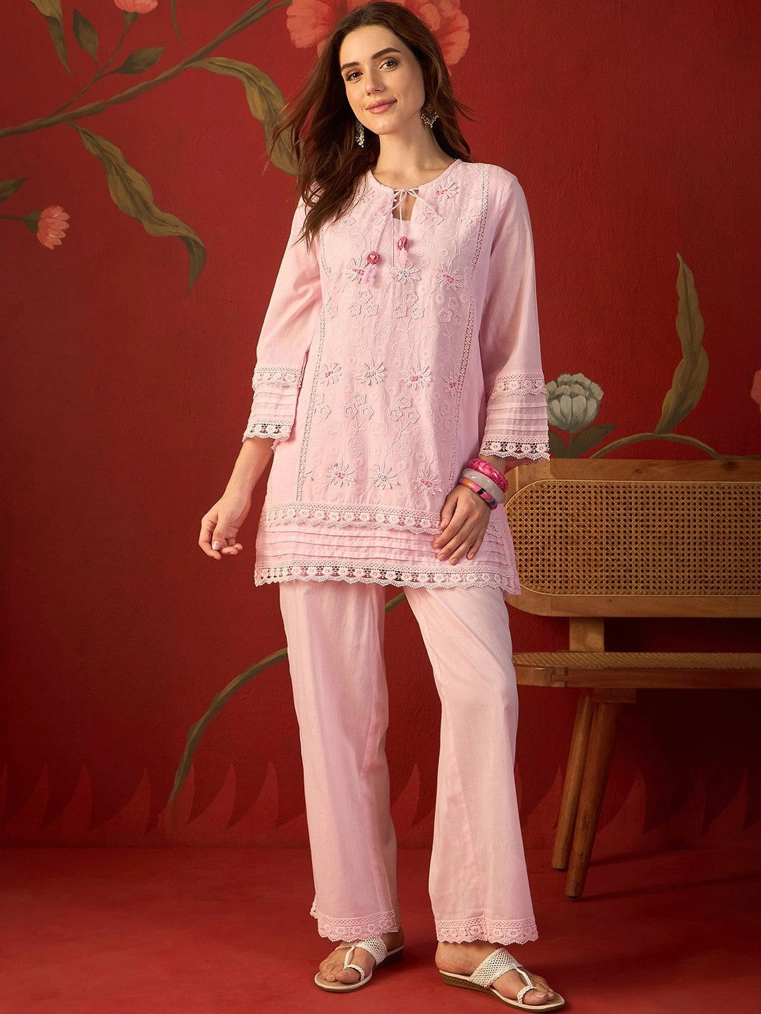 Dhiyona SN Women Ethnic Motifs Embroidered Regular Thread Work Pure Cotton Kurta with Palazzos