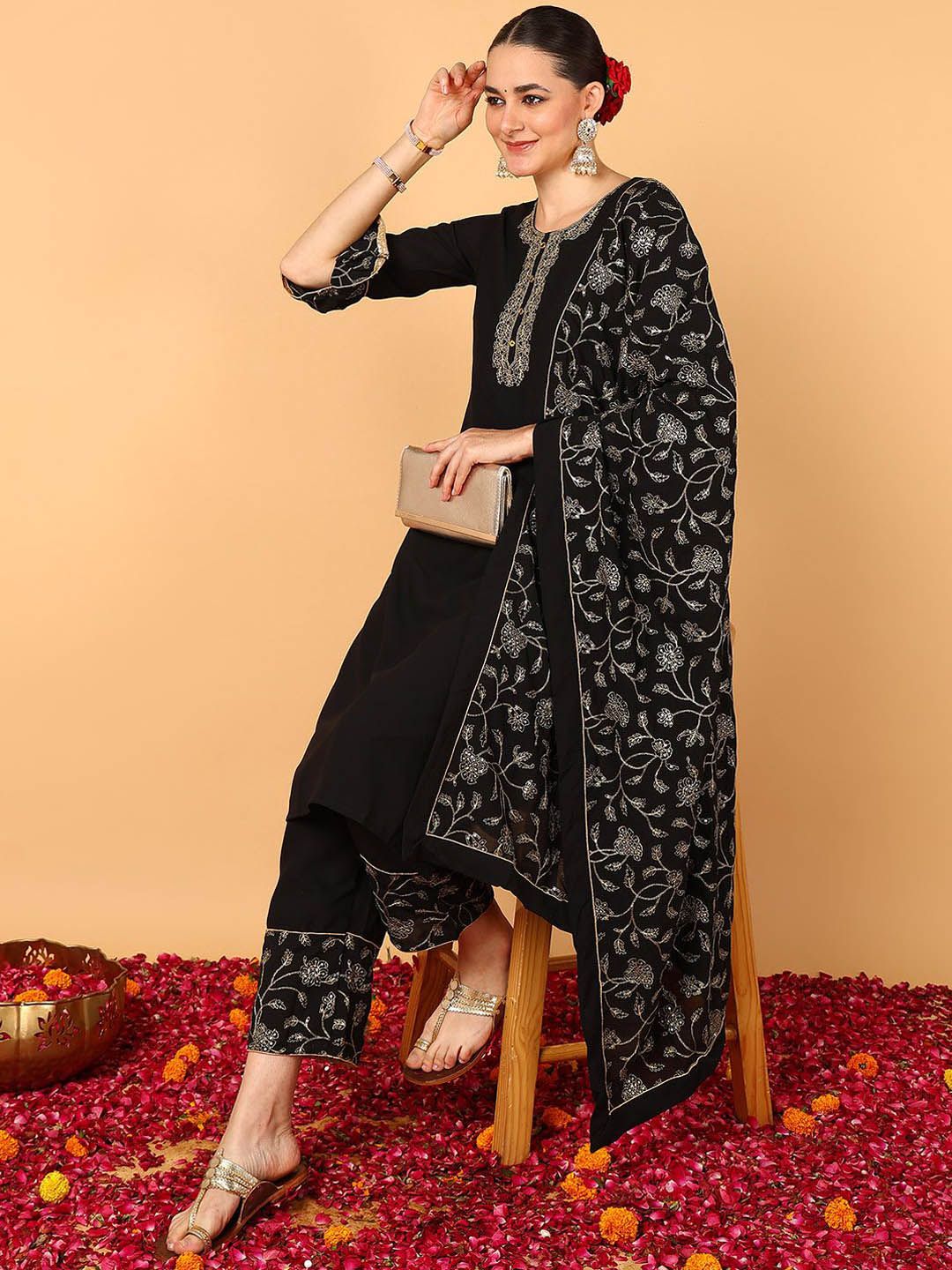 Dhiyona KL Floral Embroidered Bell Sleeves Straight Kurta with Palazzos & Dupatta