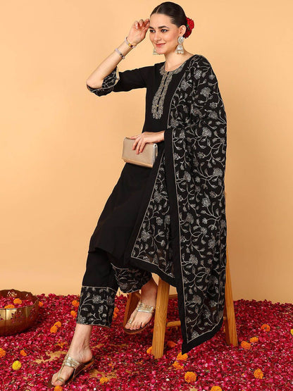 Dhiyona KL Floral Embroidered Bell Sleeves Straight Kurta with Palazzos & Dupatta