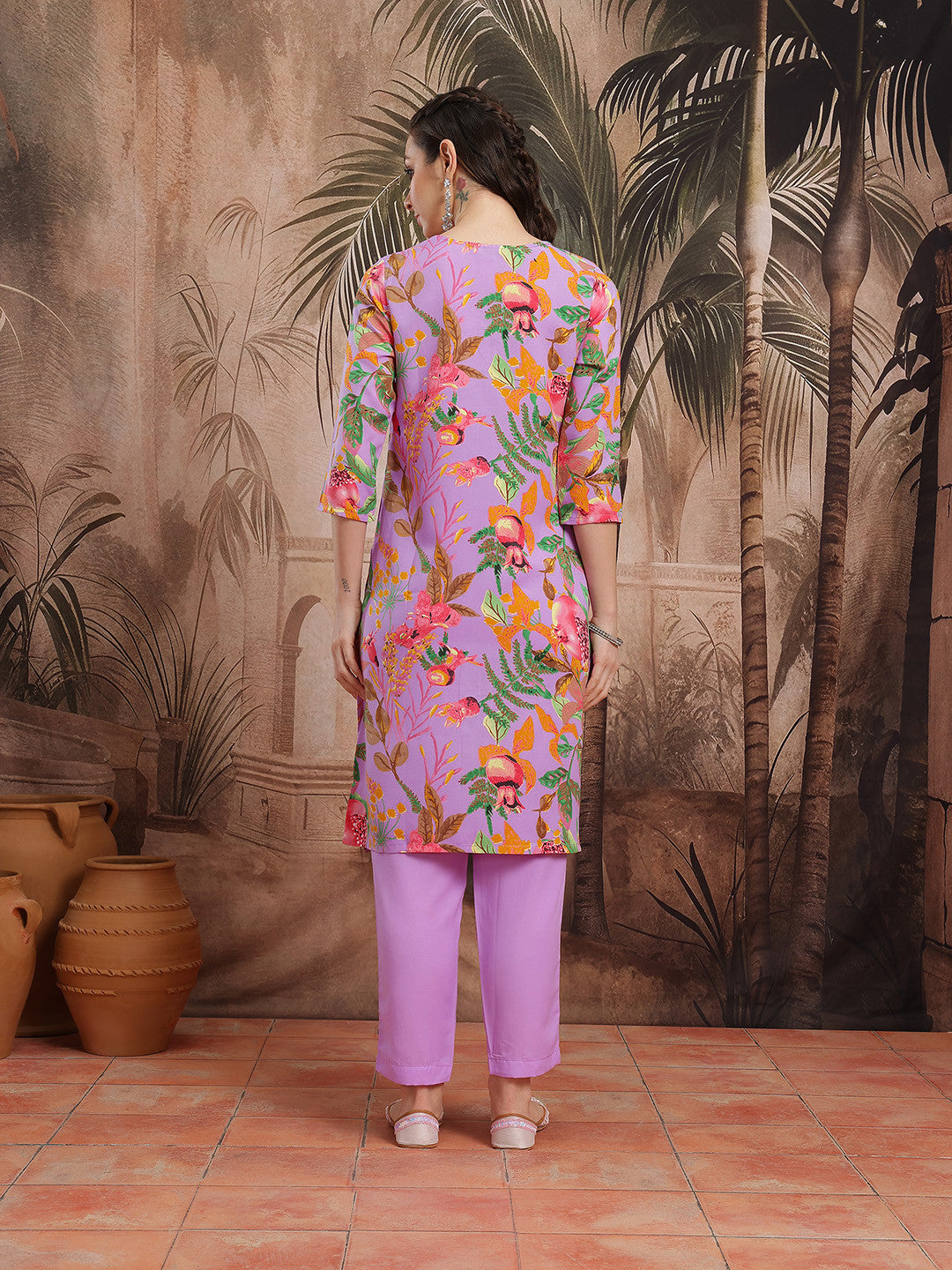 Floral Print Pleated Kurta with Trousers