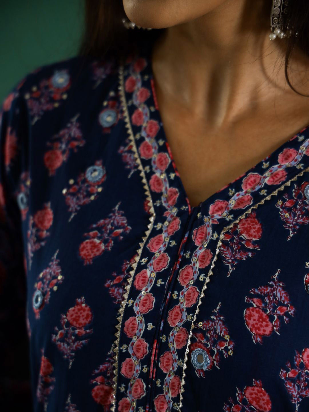 Floral Printed V-Neck Gotta Patti Pure Cotton A-Line Kurta With Trouser & Dupatta