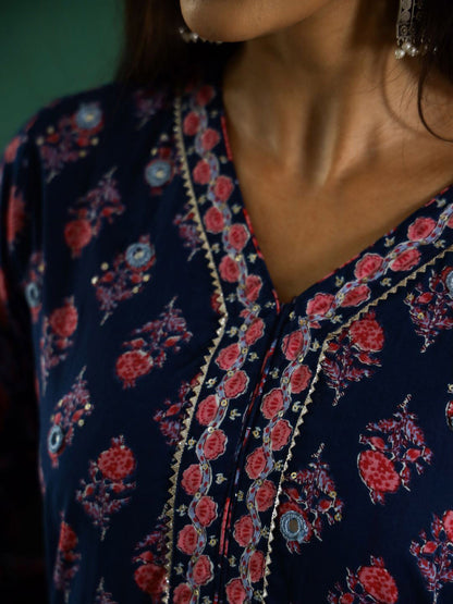 Floral Printed V-Neck Gotta Patti Pure Cotton A-Line Kurta With Trouser & Dupatta
