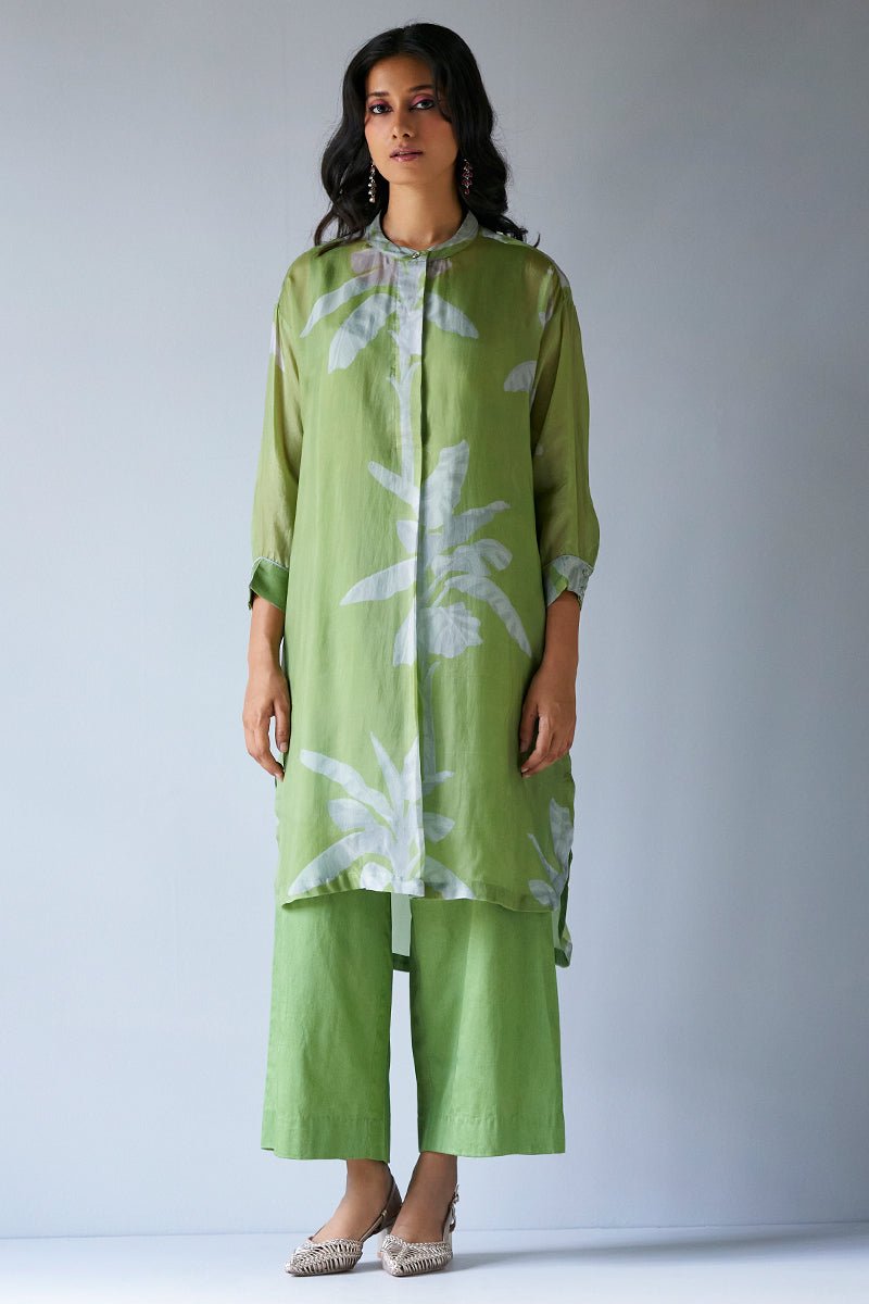 Women's Turtle Green and Grey Bemberg Silk Printed Co-ord Set