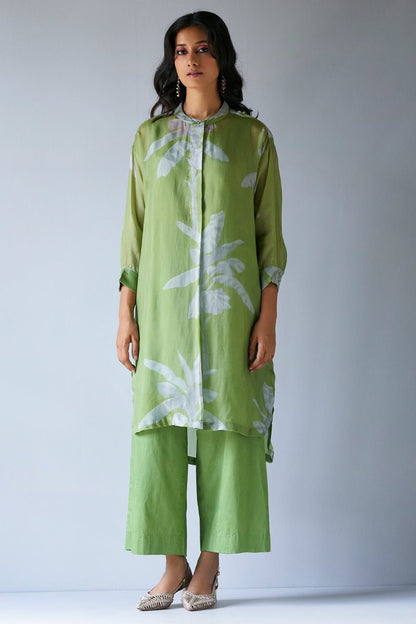 Women's Turtle Green and Grey Bemberg Silk Printed Co-ord Set