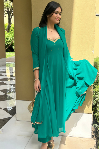 Dhiyona ST 3 pc Suit Set - Terribily Nice Green Georgette 3/4th Sleeve Anarkali with Gold Embroidery and Dupatta with Pants