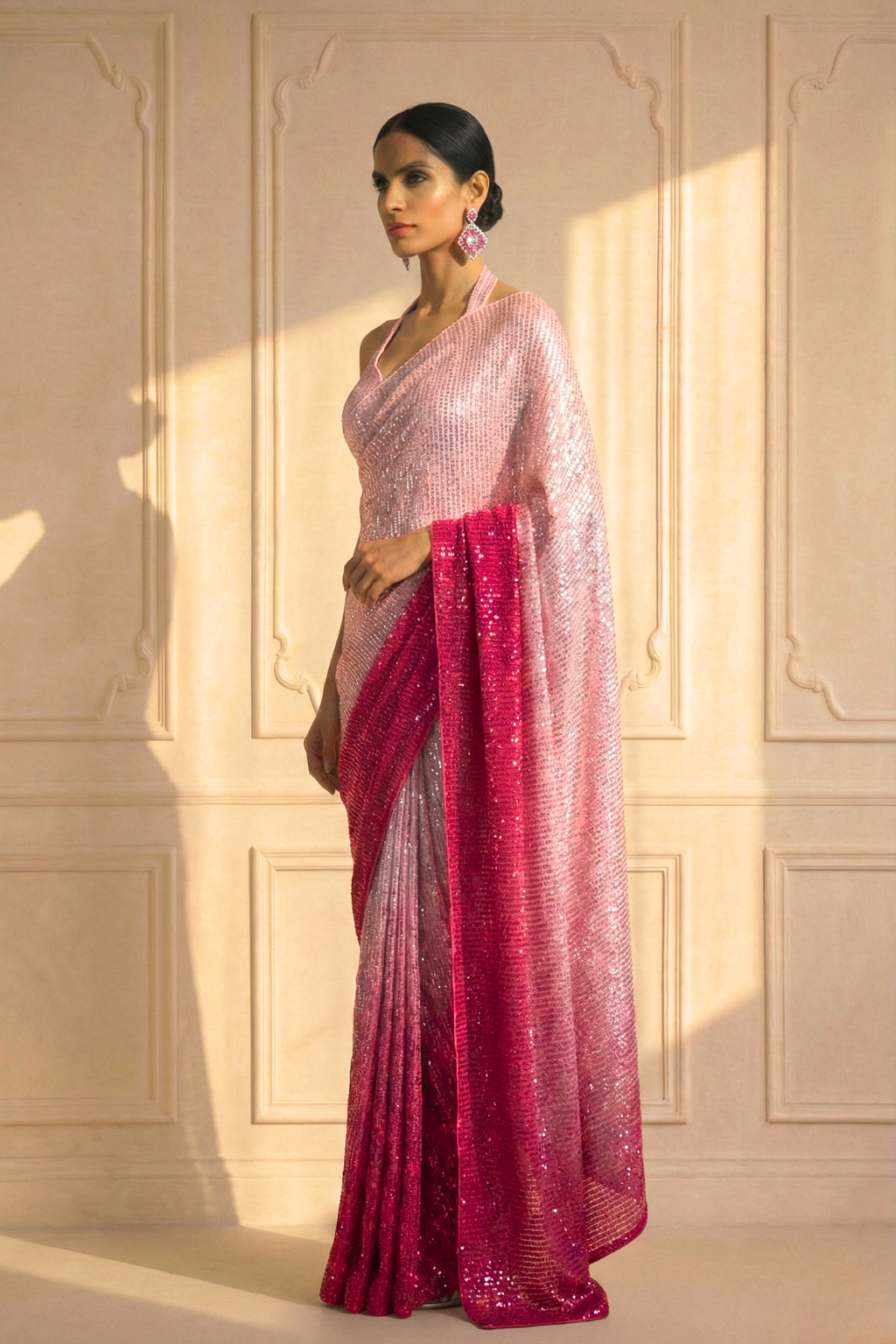 Dhiyona ST Barbie Pink Ombre' Knitted Sequin Saree with Blouse Fabric