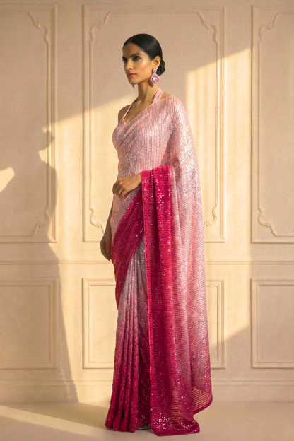 Dhiyona ST Barbie Pink Ombre' Knitted Sequin Saree with Blouse Fabric