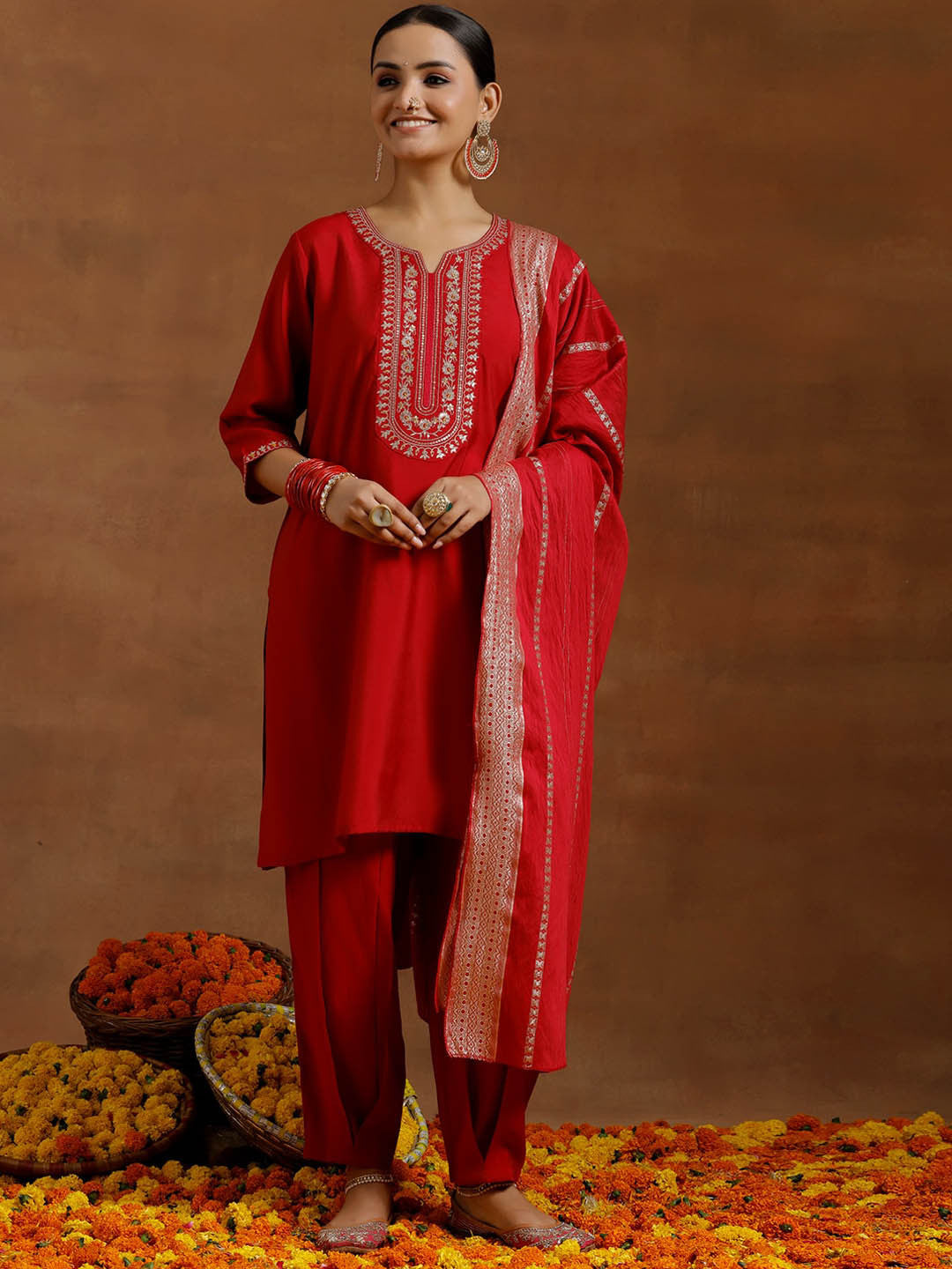 Floral Yoke Design Regular Sequinned Kurta With Salwar & Dupatta
