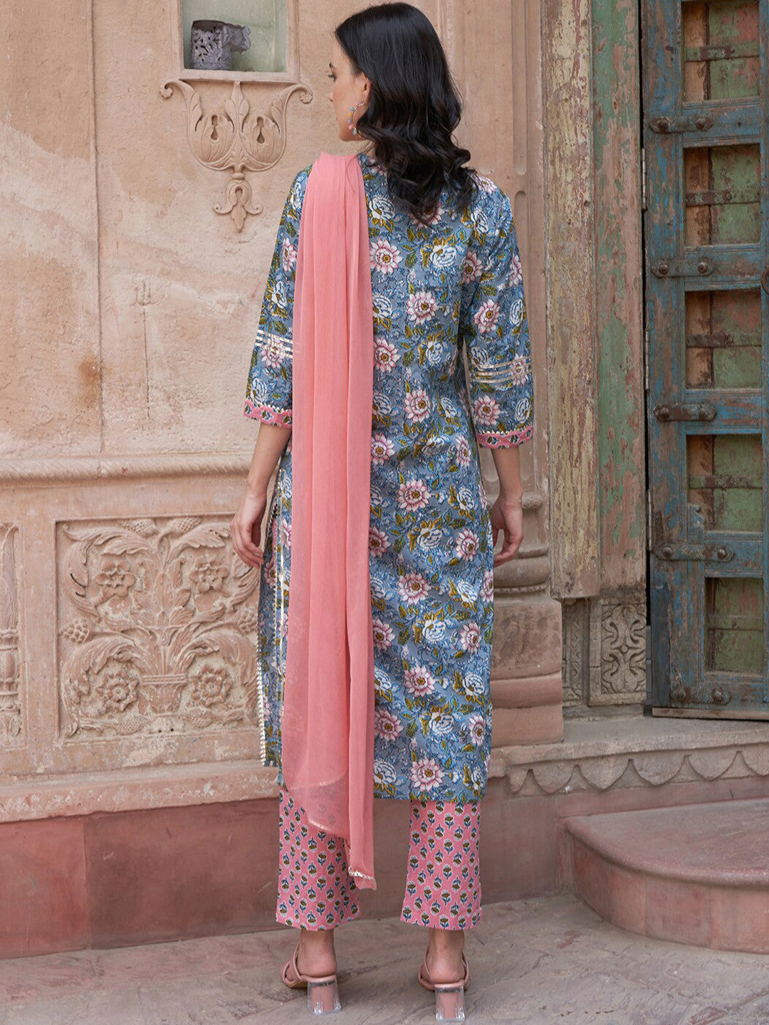 Blue Floral Printed Gotta Patti Pure Cotton Kurta with Trousers & Dupatta