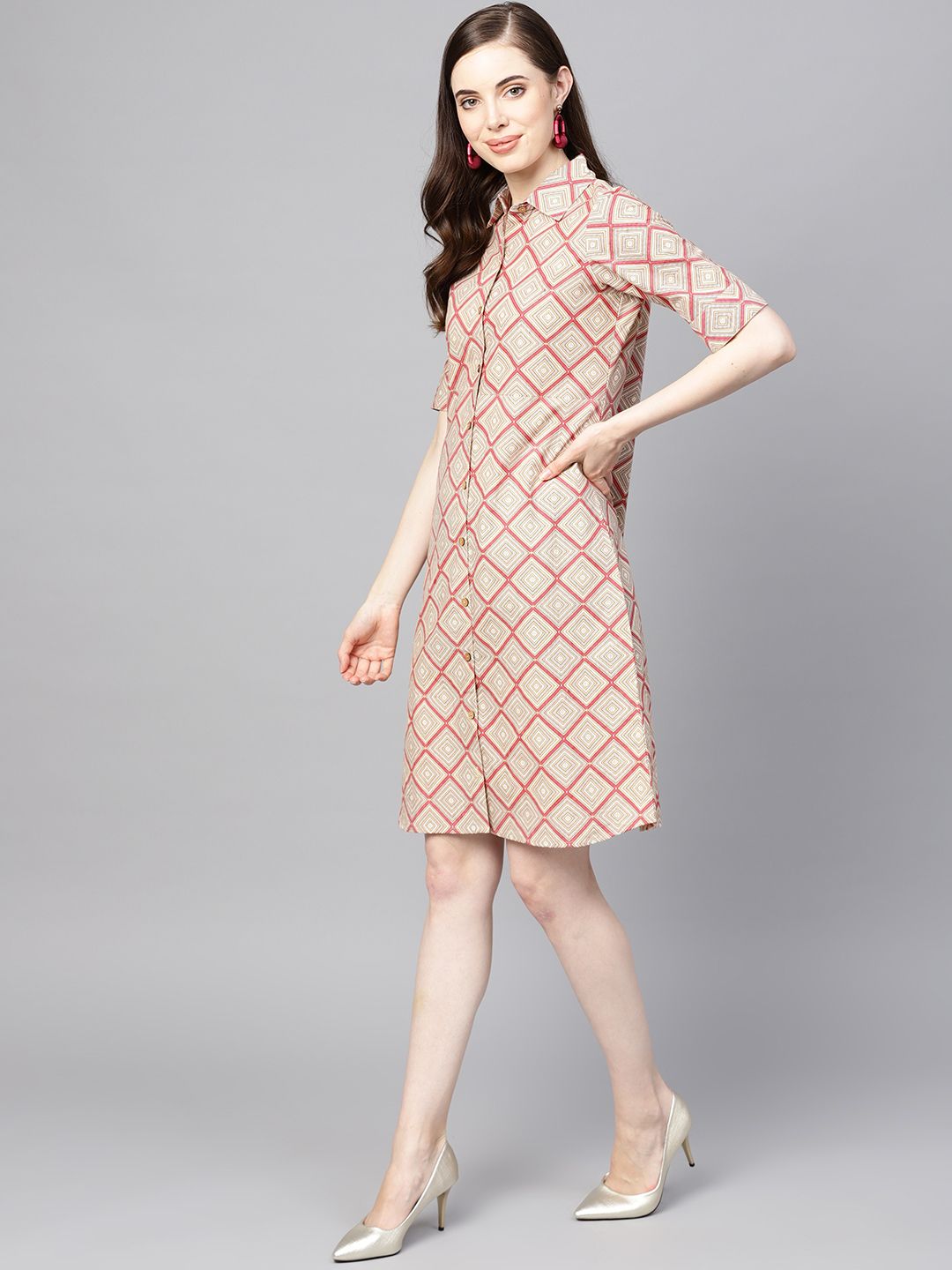 Dhiyona AY Women's Beige & Pink Printed Shirt Dress