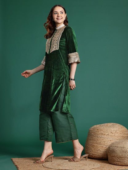 Velvet Finish Embroidered Kurta Set