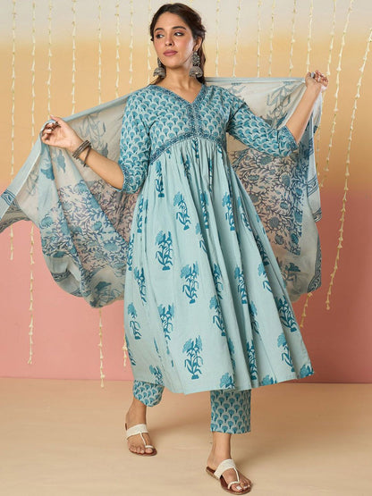 Women Floral Printed Empire Pure Cotton Kurta with Trousers & With Dupatta