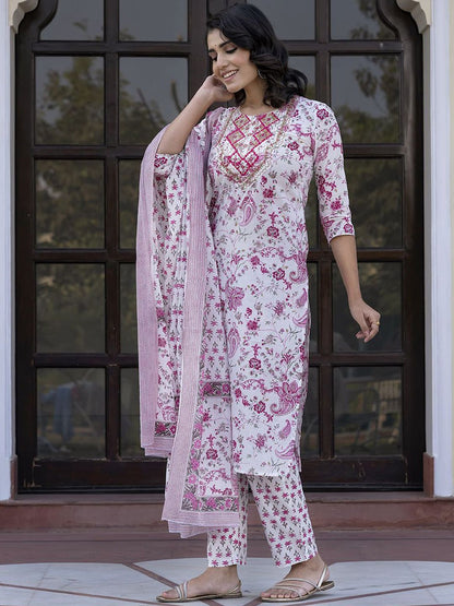 Dhiyona KL Paisley Printed Mirror Work Straight Pure Cotton Kurta With Trousers & Dupatta