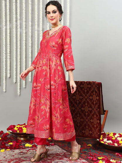Dhiyona SN Pink Printed Pure Silk Round Neck Kurta With Trousers & Dupatta