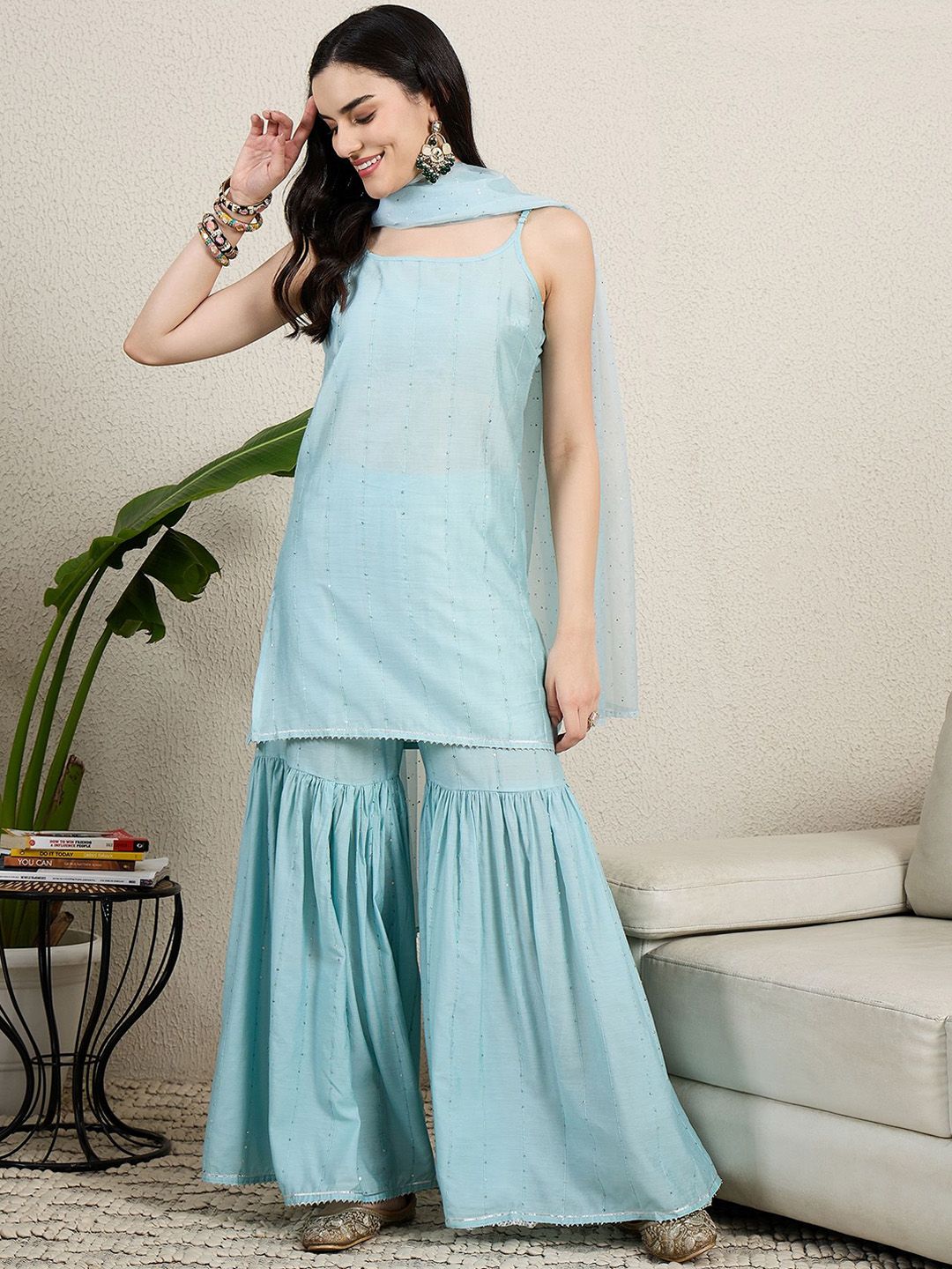 Dhiyona HOP Women Embroidered Regular Sequinned Kurti with Sharara & Dupatta