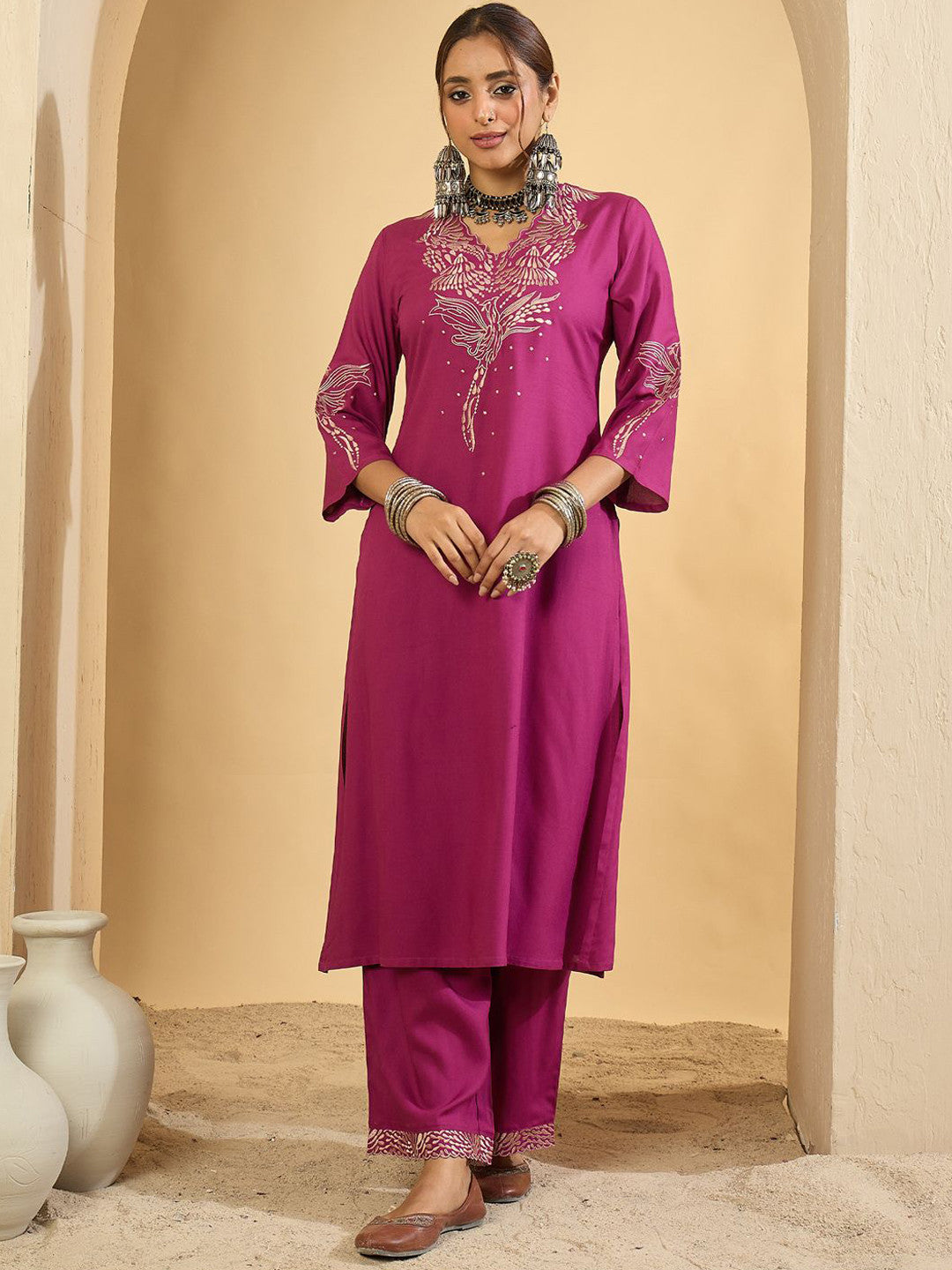 Women Embroidered Regular Thread Work Kurta with Trousers