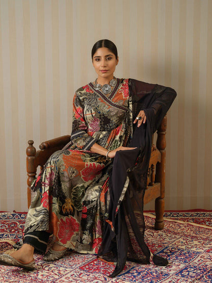 Dhiyona IS Women's Floral Printed Angrakha Sequinned Pure Silk Kurta with Trousers & Dupatta