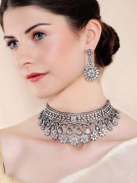 Dhiyona RJ Women's Silver-Plated Floral Design with AAA CZ Studded Jewellery Set