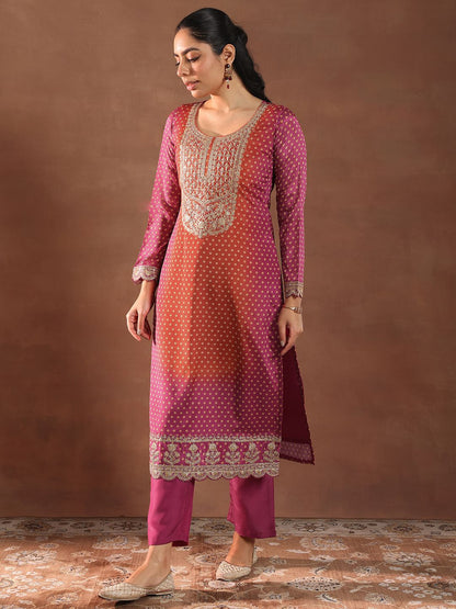 Bandhani Printed Thread Work Kurta With Trousers & Dupatta