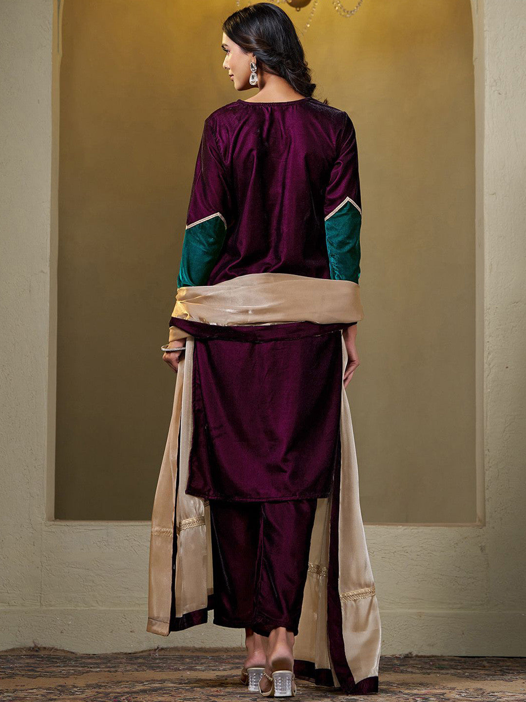 Women Velvet Embroidered Straight Kurta Pant With Dupatta Set