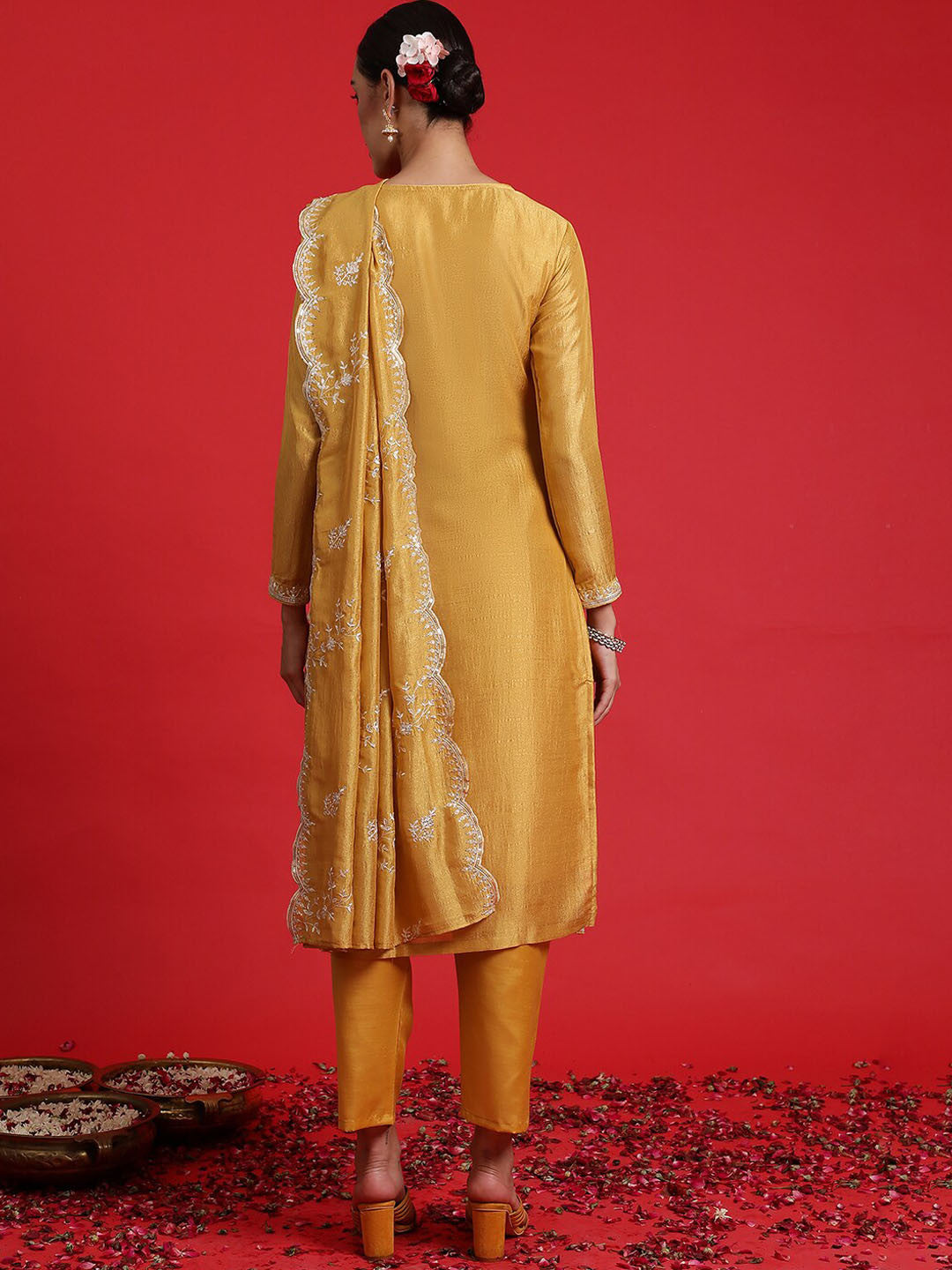 Floral Embroidered Sequinned Kurta With Trousers & Dupatta