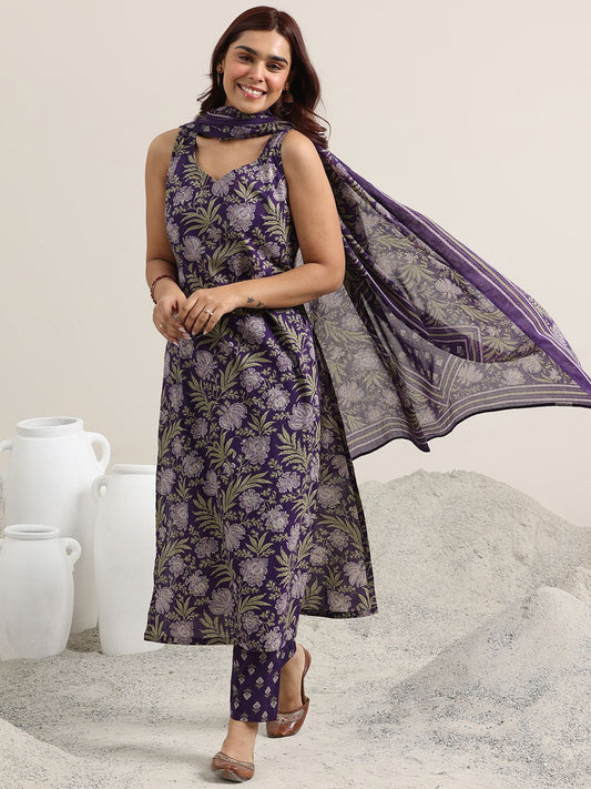 Floral Printed Pure Cotton Straight Kurta with Trousers & Dupatta