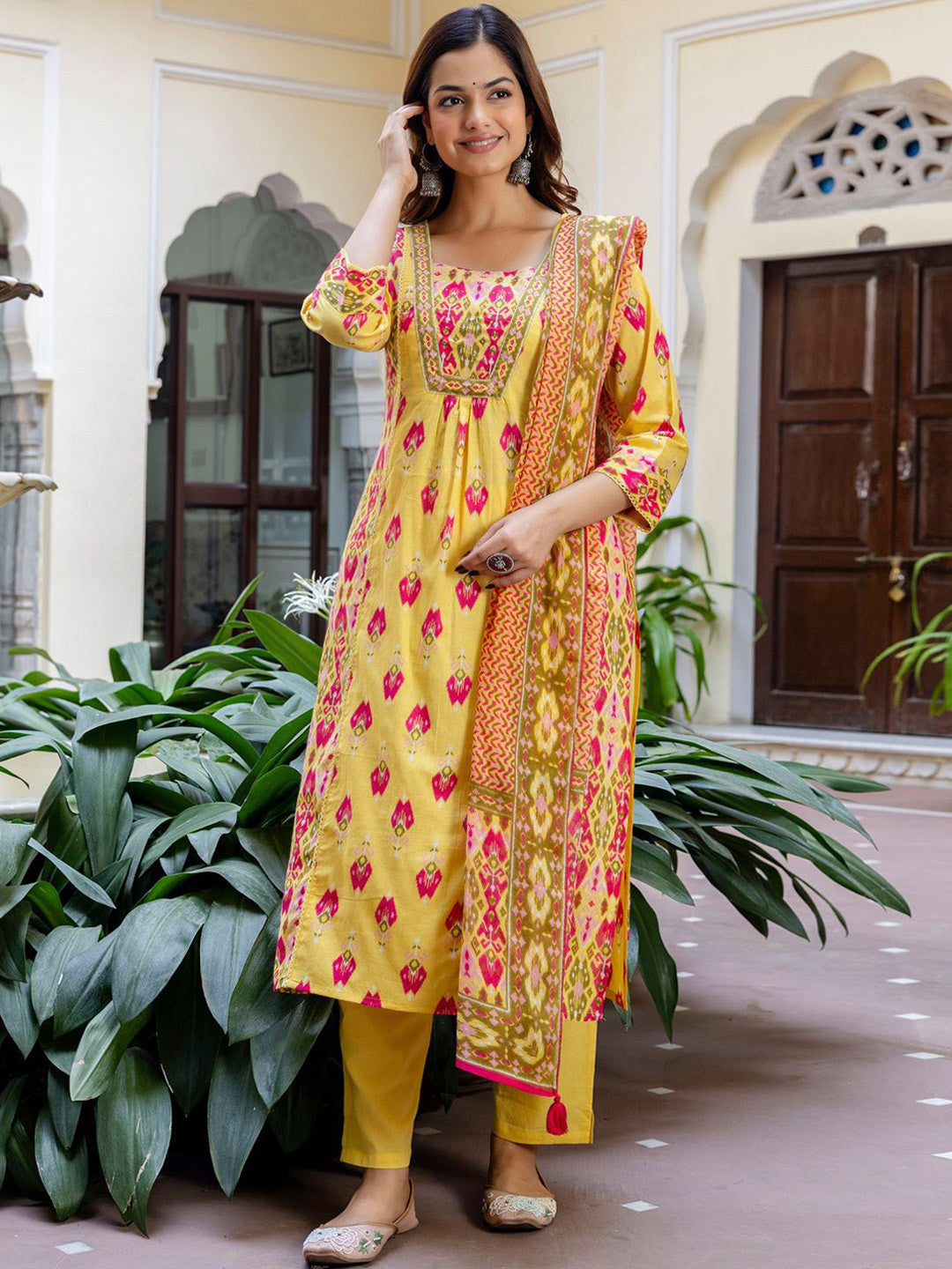 Women Printed Panelled Sequinned Pure Cotton Kurta with Trousers & With Dupatta