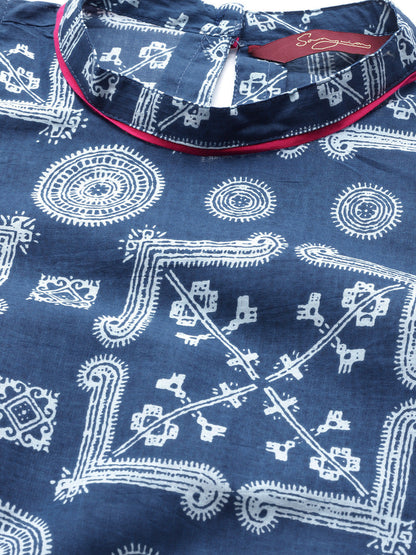 Women Navy Blue & Off-White Printed Kurta with Trousers