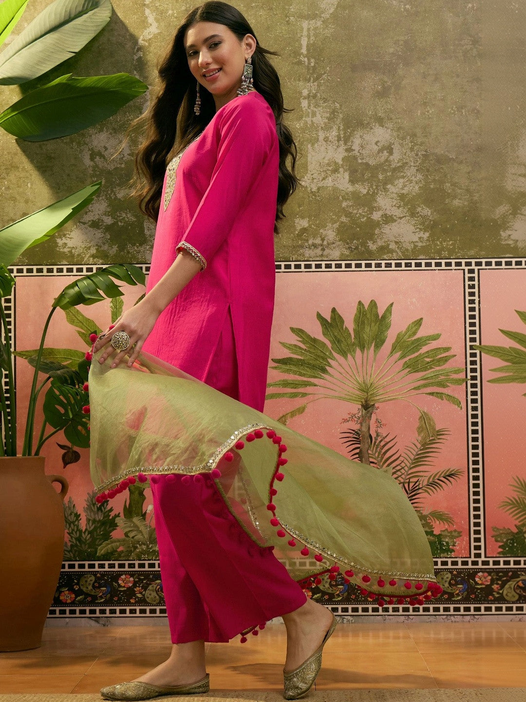 Women Regular Mirror Work Kurta with Palazzos & With Dupatta