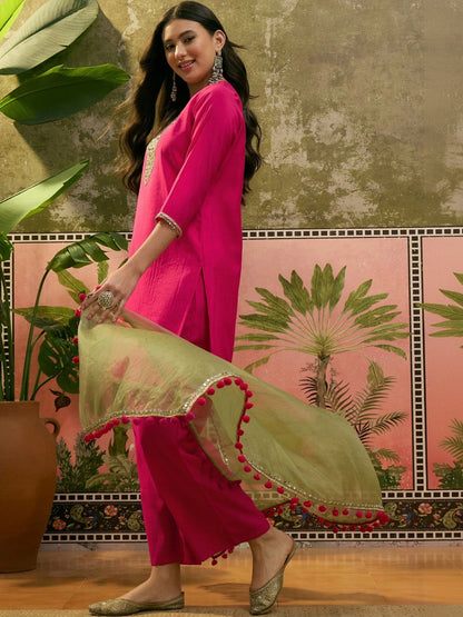 Women Regular Mirror Work Kurta with Palazzos & With Dupatta