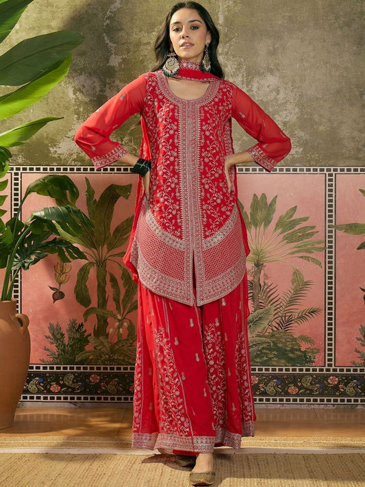 Dhiyona SN Embroidered Round Neck Straight Kurti & Palazzos With Dupatta