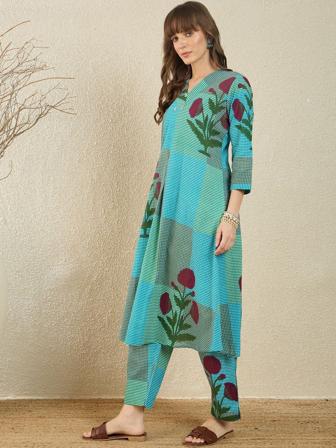 Dhiyona IE Printed V-Neck Three-Quarter Sleeves Pure Cotton Tunic And Trousers