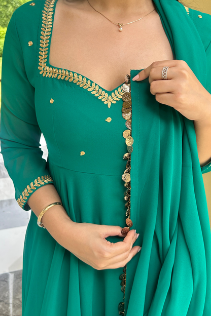 Dhiyona ST 3 pc Suit Set - Terribily Nice Green Georgette 3/4th Sleeve Anarkali with Gold Embroidery and Dupatta with Pants