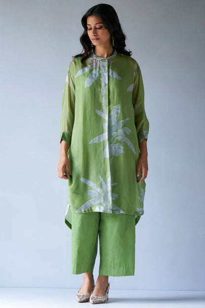 Women's Turtle Green and Grey Bemberg Silk Printed Co-ord Set