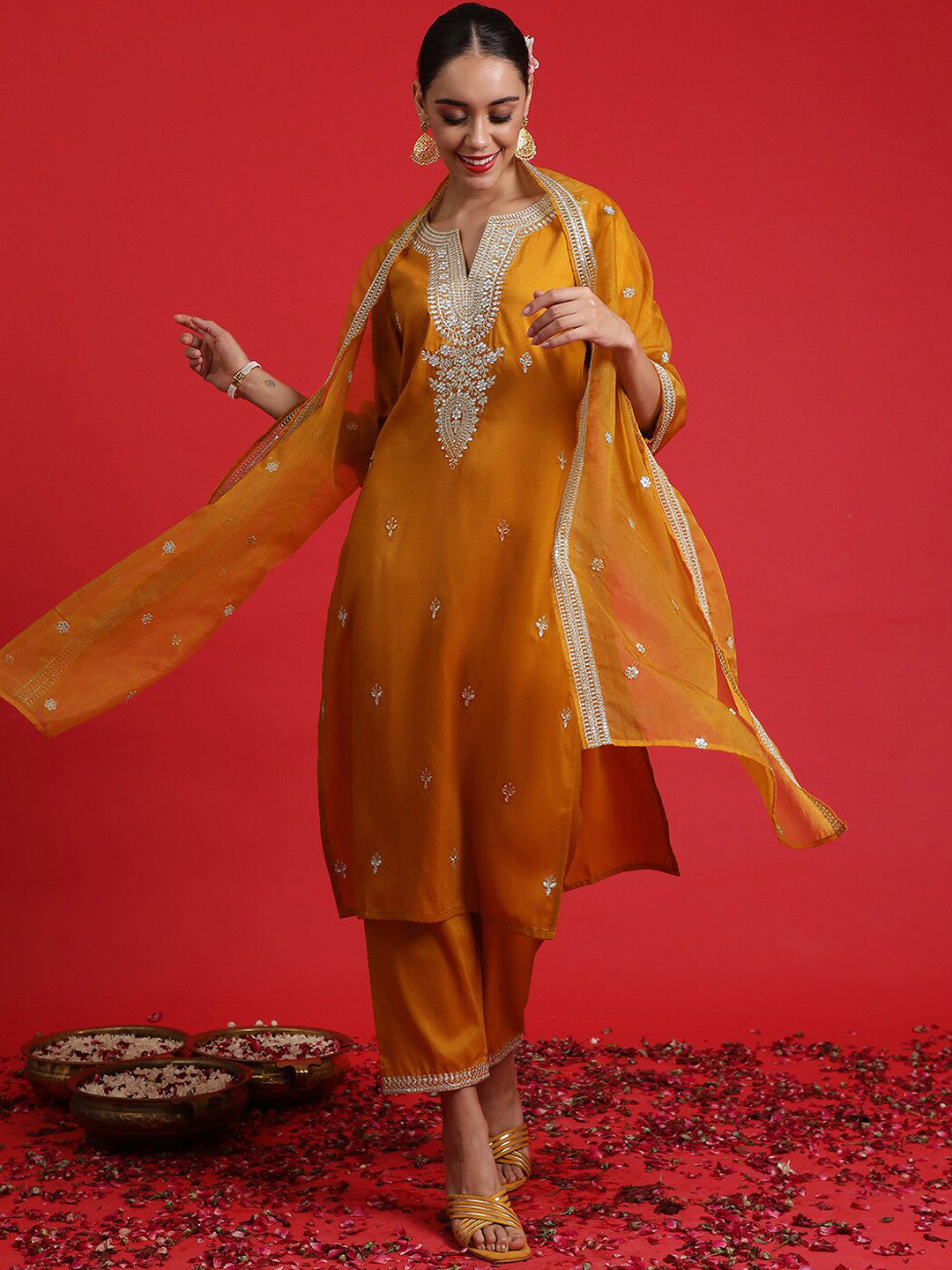 Ethnic Motifs Embroidered Sequinned Straight Kurta & Trousers With Dupatta