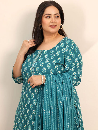 Dhiyona Women's Plus Size Floral Printed Straight Kurta With Salwar & Dupatta