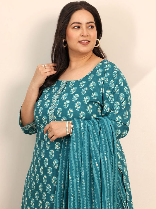 Dhiyona Women's Plus Size Floral Printed Straight Kurta With Salwar & Dupatta