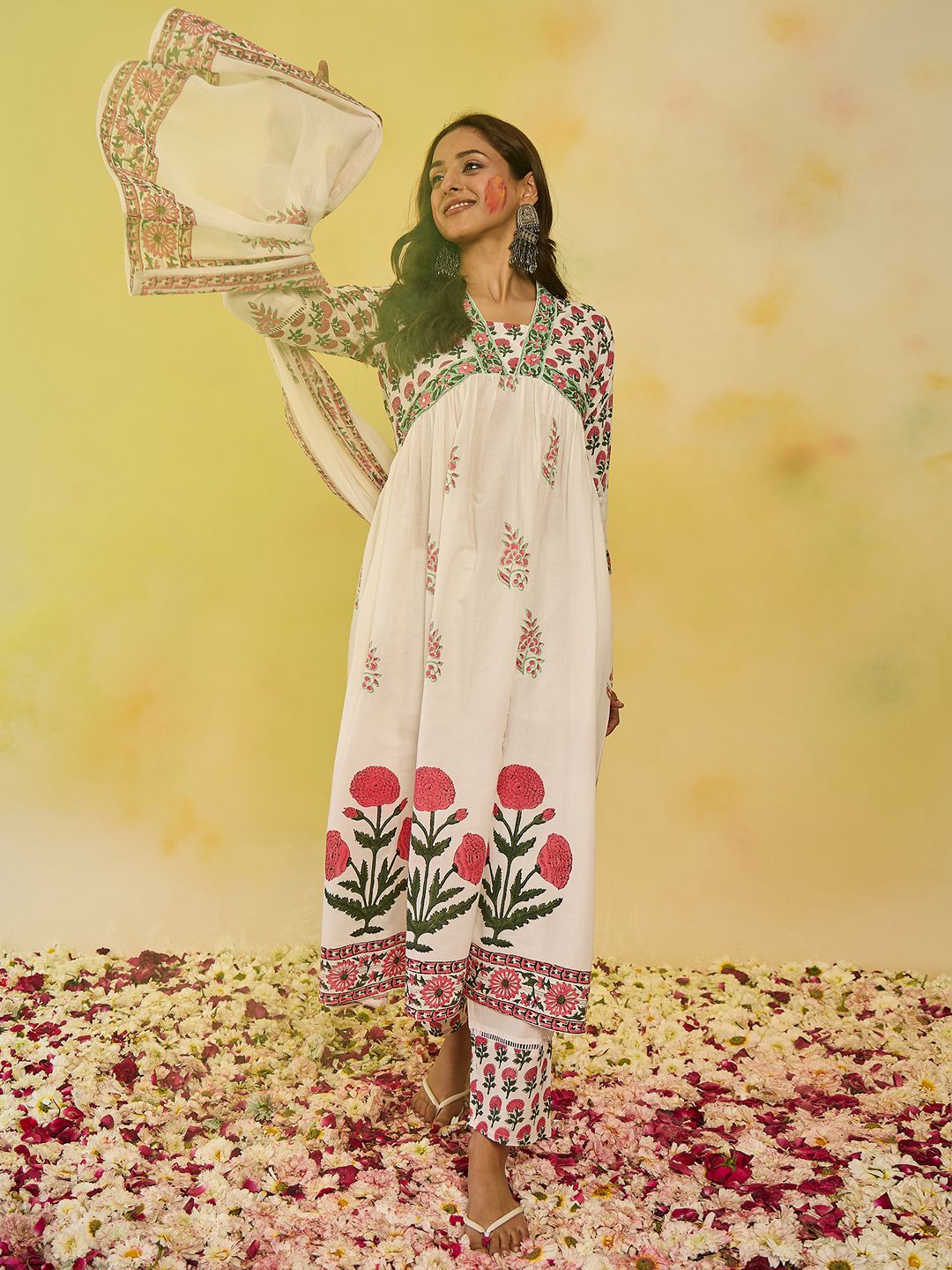 Dhiyona IE Women Ethnic Motifs Printed Empire Mirror Work Pure Cotton Kurta with Trousers & With Dupatta