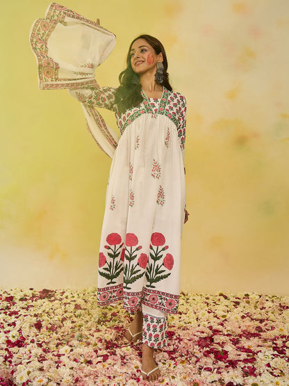 Dhiyona IE Women Ethnic Motifs Printed Empire Mirror Work Pure Cotton Kurta with Trousers & With Dupatta