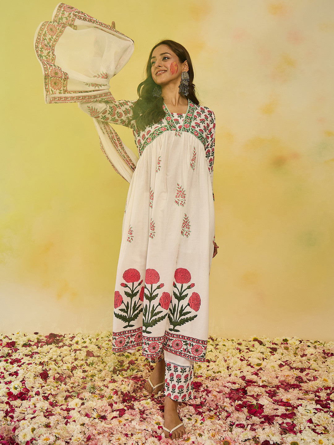 Women Ethnic Motifs Printed Empire Mirror Work Pure Cotton Kurta with Trousers & With Dupatta