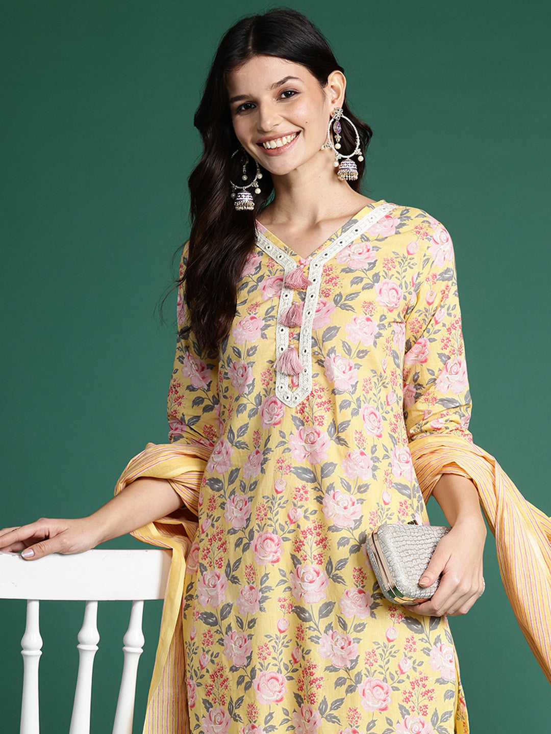 Floral Printed Thread Work Pure Cotton Kurta with Trousers & Dupatta